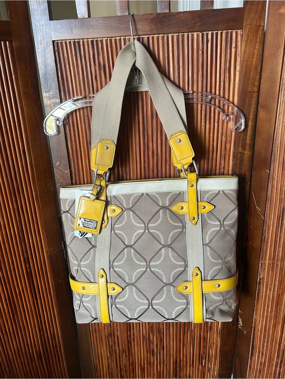 Nine West Taupe Geometric Tote with Yellow Trim